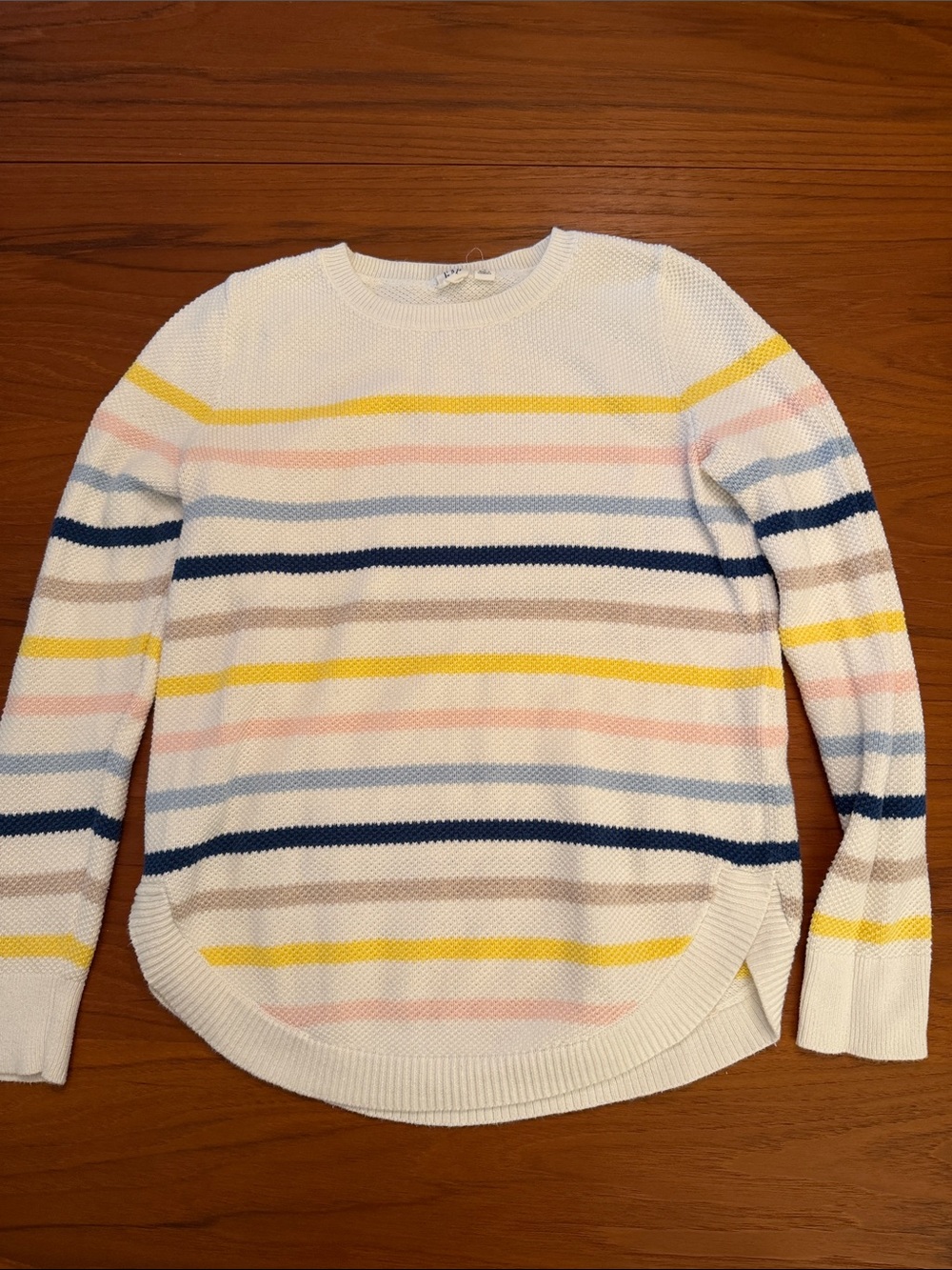 GAP White Crewneck Sweater with Yellow, Navy, Pink and Gray Stripes
